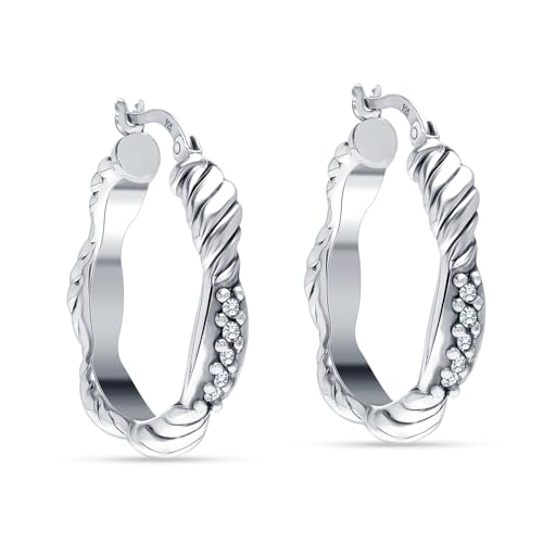 LeCalla Sterling Silver Hoop Earrings for Women | Lightweight Silver Chunky Hoop Earrings | Handmade Electroform Hollow Italian Design Click-Top Earrings Hoop - color: CZ Antique Texture