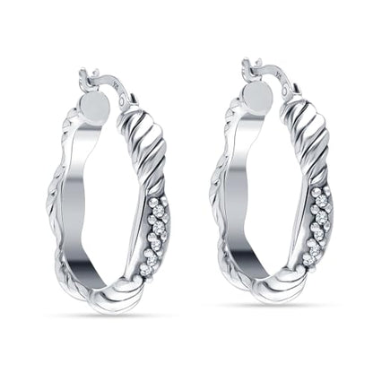 LeCalla Sterling Silver Hoop Earrings for Women | Lightweight Silver Chunky Hoop Earrings | Handmade Electroform Hollow Italian Design Click-Top Earrings Hoop - color: CZ Antique Texture