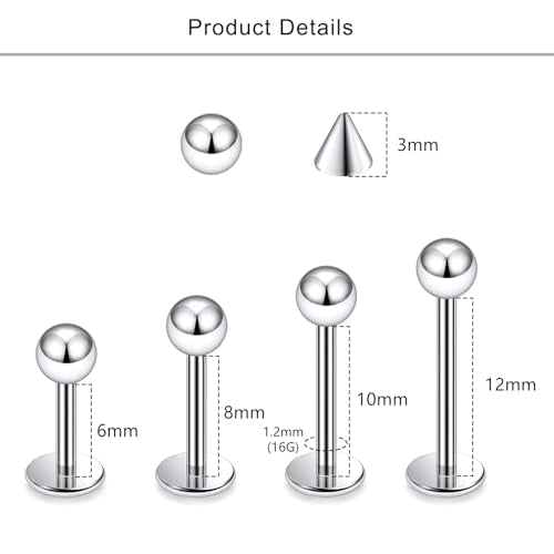 Lcolyoli 32PCS Labret Piercing Jewelry Stainless Steel Snake Bite Jewelry Lip Rings 16G Medusa Monroe Lip Piercing Jewelry for Women Men Bar Length 6mm 8mm 10mm 12mm - color: silvertone