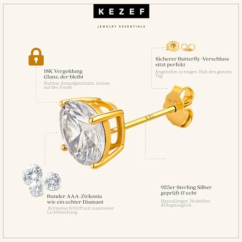 KEZEF Sterling Silver Stud Earrings for Women & Men - 4-Prong Setting Cubic Zirconia Earrings Studs - Premium CZ S925 Hypoallergenic - Available in 14K White and Yellow Gold, Rose Gold - 3mm to 9mm - color: 14K Yellow Gold, size: 6mm - Medium