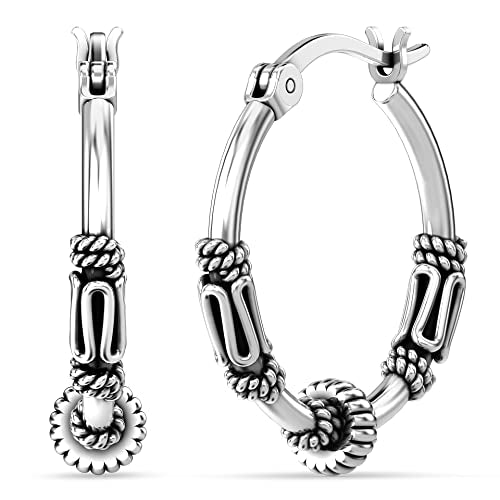 LeCalla 925 Sterling Silver Oxidized Balinese Hoops Earring Jewelry Small Antique Bali Beaded Hoop Earrings for Women - color: Tribal Balinese