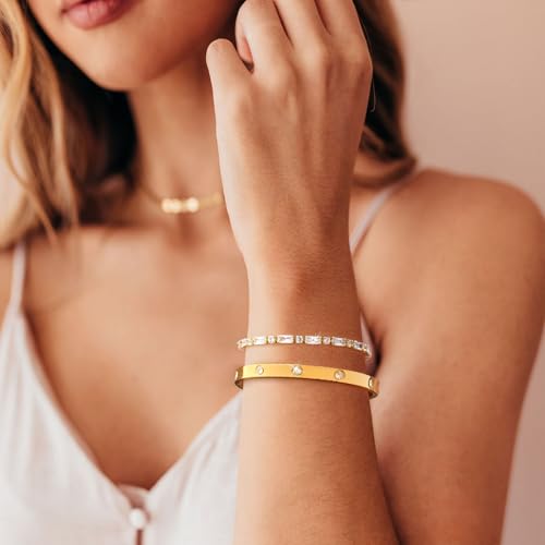 Stackable Gold Bracelets for Women - 2Pcs 18K Gold Plated Cubic Zirconia Bangle Bracelet Friendship Tennis Bracelet Stack Jewelry,Party Christmas Birthday Gift for Girlfriend Sister Wife Daughter - style: Gold Set_7
