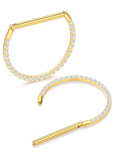 Oveta Titanium D Shaped Nipple Rings 14G for Nipple Piercing Jewelry Higned Segment Clicker Cartilage Hoop Earring 12mm 14mm 16mm for Women Men, Silver/Gold/Black, 2PCS - color: Gold CZ, size: 16mm Bar