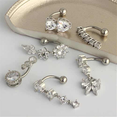 6Pcs 14G Surgical Steel Reversed Belly Button Rings for Women Sparkling CZ Crystal Dangle Belly Button Ring Curved Navel Barbell 3/8" 10mm Navel Piercing Jewelry - color: Rose Gold