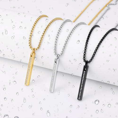 Fiusem Pendant Necklace for Men, Stainless Steel Bar Chain | Silver Tone/14k Gold Plated/Black Mens Pendant Necklaces with 2.5mm Box Chain, Jewelry Gifts 18-28 Inch - color: silver, size: 20 Inches, style: Clasp Diamond Rectangle
