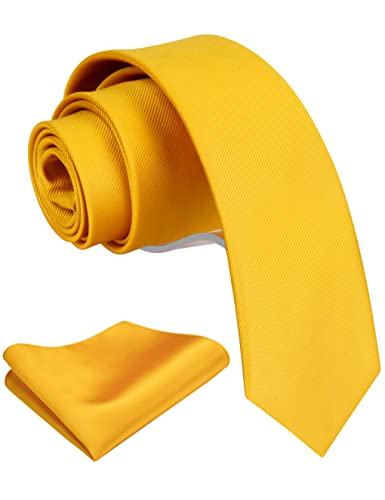 GUSLESON 2.4" Slim Necktie and Handkerchief Set For Men Solid Skinny Tie Set - color: Gold
