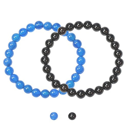 2PCS Agate Bracelet for Women Men Natural Round Beaded Agates Stone Healing Stretch Bracelets Elastic Handmade Polished Gemstone Beads Bracelet - color: Blue+Black, size: 8mm Beads