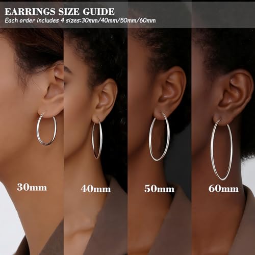 4 Pairs Silver Hoop Earrings for Women 30/40/50/60mm | Hypoallergenic, Stainless Steel, Big Thin Lightweight, Dangle Set - color: 4 Pairs Silver-30/40/50/60mm