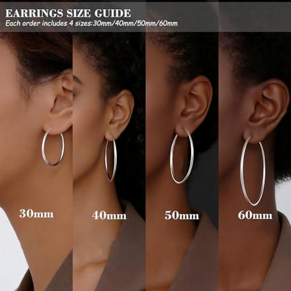 4 Pairs Silver Hoop Earrings for Women 30/40/50/60mm | Hypoallergenic, Stainless Steel, Big Thin Lightweight, Dangle Set - color: 4 Pairs Silver-30/40/50/60mm