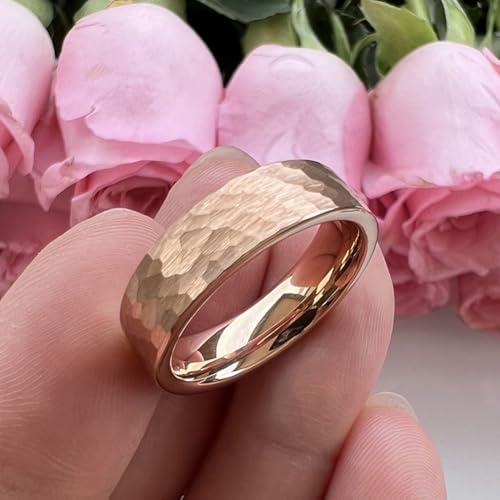 TUTISS 6mm 8mm Silver/Black/Gunmetal/Gold/Rose Gold Hammered Tungsten Rings for Men Women Couple Fashion Jewelry Engagement Wedding Bands Matte Finish Comfort Fit - color: 6mm Rose Gold Tungsten