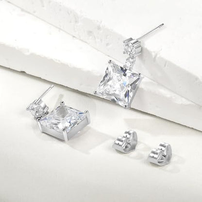 White Gold Earrings for Women Men Hoop and Stud Earring Set | Hypoallergenic 14K White Gold Plated Hoops Huggie Stud Earrings Set Round Cubic Zirconia Ear Jewelry - style: A6-White Gold-Hoop&Square Dangle Stud (4 Pairs)