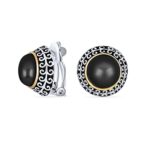 Bali Style Button Style Faux White Pearl, Black, Turquoise Clip On Earrings - color: Black