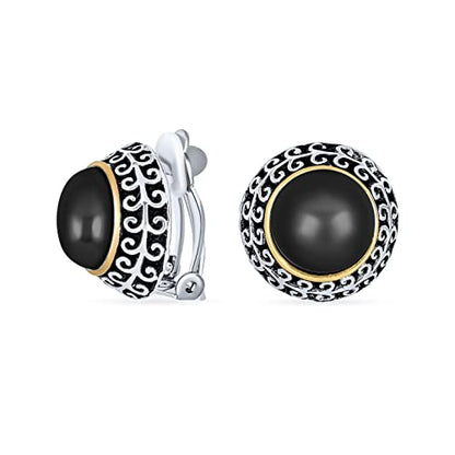 Bali Style Button Style Faux White Pearl, Black, Turquoise Clip On Earrings - color: Black