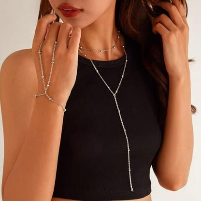 Zeffy Lariat Gold Necklace for Women, Dainty Long Necklace 14k Gold/Silver Plated Layered CZ Beaded Bar Chain Y-Shaped Body Chain Stack Drop Wedding Necklace Trendy Simple Gold Jewelry Gifts - color: Silver Bead Y Necklace (1PCS)