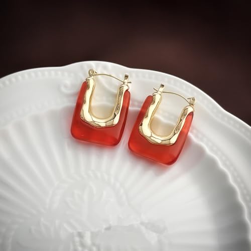 Chunky Acrylic Hoop Earrings Resin Geometric U Shape Hoop Earring Trendy Jewelry Gifts for Women - color: Red