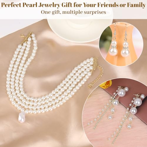 16 Pcs Pearl Jewelry Set with Necklace, Earrings and Bracelets, Pearl Necklaces for Women, Faux Pearls Set Jewelry for Wedding Bridal Christmas Party