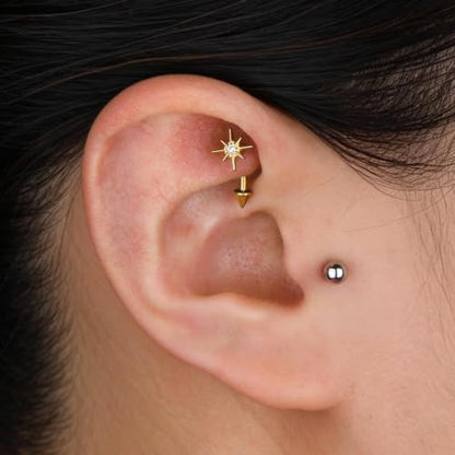 1PC Titanium Rook Piercing Jewelry 16G 8mm, ASTM F136 Curved Barbells Eyebrow Rings, Internally Threaded Screw on - color: North Star-18KGP