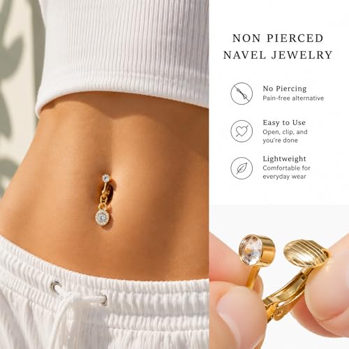 Zolure Gold/Silver Fake Belly Ring 3PCS Clip on Belly Button Rings Surgical Steel Non Piercing Navel Ring Devil Butterfly Clear CZ Dangle Fake Belly Piercing Jewelry with Pain Reducing Silicone Pad - color: gold