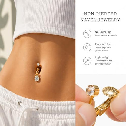 Zolure Gold/Silver Fake Belly Ring 3PCS Clip on Belly Button Rings Surgical Steel Non Piercing Navel Ring Devil Butterfly Clear CZ Dangle Fake Belly Piercing Jewelry with Pain Reducing Silicone Pad - color: gold