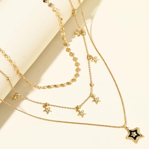 SEADAY Layered Gold Necklace for Women, 3-in-1 Gold Stack Necklace | Long Gold Necklace, Square, Hypoallergenic, Tarnish-resistant & Adjustable, Fashion Jewelry Gift Box & Gift Bag - color: Gold - Black Star