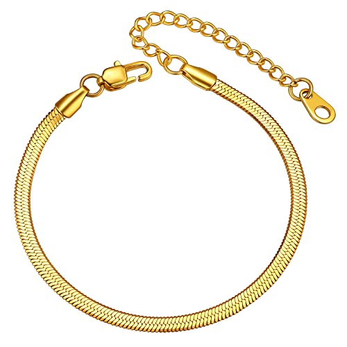 ChainsHouse Stainless Steel Herringbone Flat Chain Bracelets for Women,18K Gold/Rose Gold/Black Metal Paperclip/Snake/Cuban/Figaro Sterling Silver Link Charm Bracelet, 16+5cm Adjustable, With Gift Box - color: f. herringbone-gold-3mm
