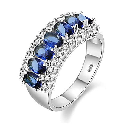 Uloveido Beautiful Women's 7 Stones Wedding Band Oval Cubic Zirconia Engagement Anniversary Rings J501 - color: Platinum-Dark blue
