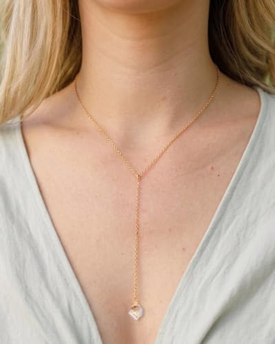 Lariat Necklace for Women Dainty Gold Long Crystal Drop Y-Shaped Necklace | 14k Gold Plated Crystal Drop Necklace Trendy Non Tarnish Simple Gold Jewelry For Wedding, Prom, Daily - color: Citrine