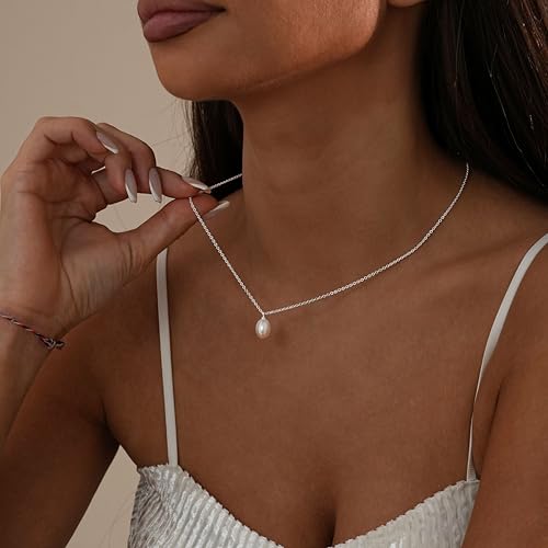 Pearl Necklaces for Women,Dainty Gold Pendant Necklaces Waterproof Jewelry | 14K Gold Plated Pearl Necklaces,Dainty Elegant Wedding Necklace,Small Cute Adjustable Minimalist Necklace,Non Tarnish Jewelry - color: SILVER-1