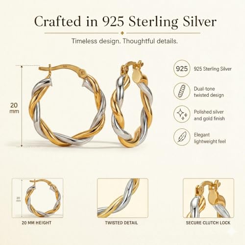 LeCalla Real 925 Sterling Silver Textured Two-Tone Three-Tone 14K Gold Plated Lightweight Italian Design Hoop Earrings for Women Diameter 25,30,40,45,50mm - color: Two-Tone Small-20mm