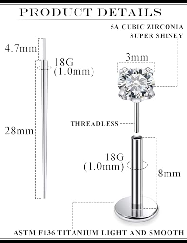 20G 18G 16G F136 Titanium Threadless Flat Back Earrings Nose Studs Tragus Forward Helix Conch Cartilage Lobe Earrings Medusa Labret Snake Bite Monroe Lip Ring Piercing Jewelry For Women Men - size: 18G-8MM Bar-CZ 3MM