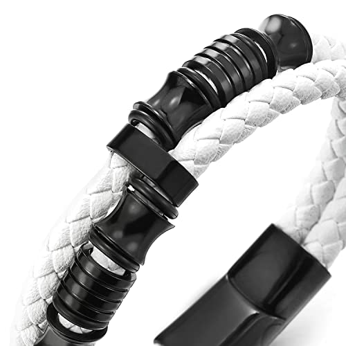 COOLSTEELANDBEYOND Mens Double-Row Braided Leather Bracelet Bangle Wristband with Black Stainless Steel Ornaments - color: M-White