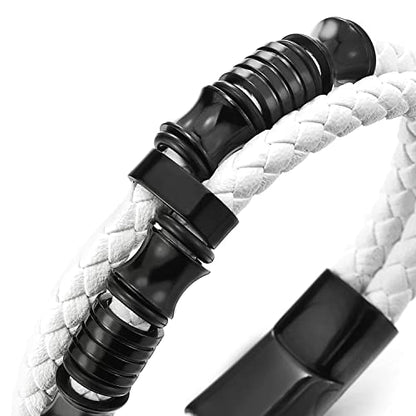 COOLSTEELANDBEYOND Mens Double-Row Braided Leather Bracelet Bangle Wristband with Black Stainless Steel Ornaments - color: M-White