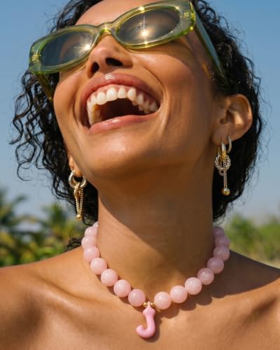DoDoBeads Chunky Colorful Beaded Initial Necklace, Bubble Letter Choker | Gift box and dust pouch included; waterproof and sweat-resistant with real gold plated stainless steel hardware - color: Pink-M