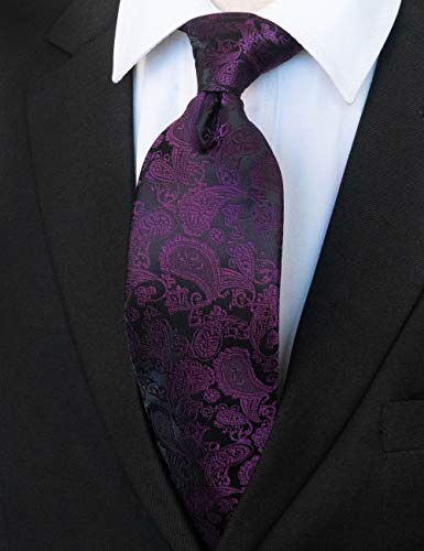 JEMYGINS Mens Solid Color Paisley Necktie and Pocket Square with Tie Clip Sets - color: Purple