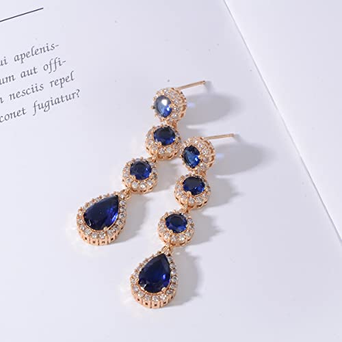 Women's Cubic Zirconia Bridal Earrings - Elegant Long Wedding Party Prom Earring for Bride Bridesmaids Crystal CZ Rhinestone Chandelier Statement Dangle Drop Earrings for girls - color: Blue-gold