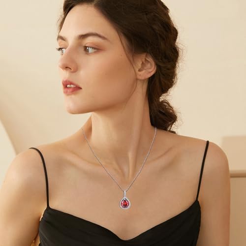FJ Teardrop Pendant Necklace 925 Sterling Silver Birthstone Jewelry for Women - color: 01 January-Garnet