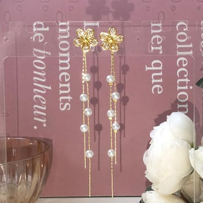 Pearl Earrings for Women 14k Gold/Silver Pearl Drop Earrings Long White Pearl Tassel Dangle Statement Earrings Bridal Wedding Dainty Prom Earrings Birthday Gifts Jewelry - color: Gold Flower Pearl Drop Earrings