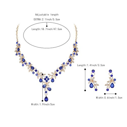 BriLove Wedding Jewelry Set for Women Bride, Y-Necklace Dangle Earrings Crystal Teardrop Leaf Flower Cluster Bridal Bridesmaid - color: 03-Blue