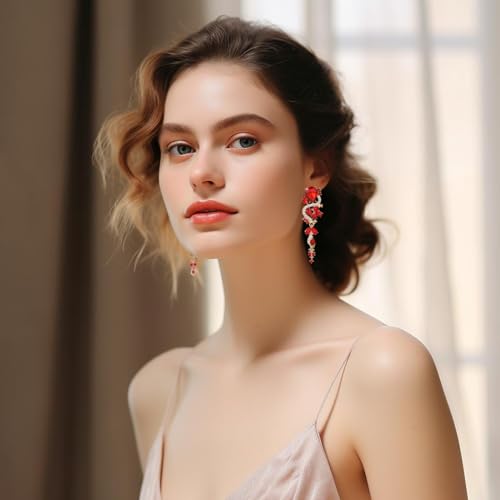 Fashion Rhinestone Statement Drop Dangle Earrings Long Colorful Crystal Bridal Wedding Teardrop Chandelier Earrings for Women Prom Pageant - color: Red