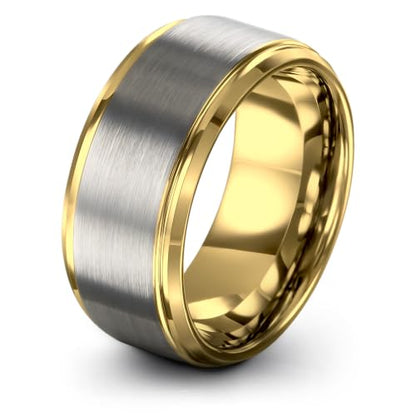Tungsten Wedding Band Ring Black 10mm Men Women Comfort Fit 18k Rose Gold Step Edge Brushed Polished - color: Yellow Gold Grey Tungsten