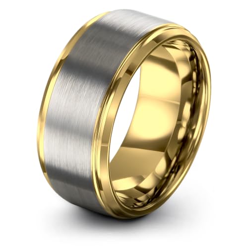 Tungsten Wedding Band Ring Black 10mm Men Women Comfort Fit 18k Rose Gold Step Edge Brushed Polished - color: Yellow Gold Grey Tungsten