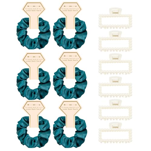 Bridesmaid Proposal Gifts, 12 PCS Bridesmaids Silk Hair Scrunchies & Pearl Hair Clips Set for Women Bachelorette Party Favors Bridal Shower Favors Bridesmaids Gifts for Wedding Day (Peacock Blue) - color: Peacock Blue