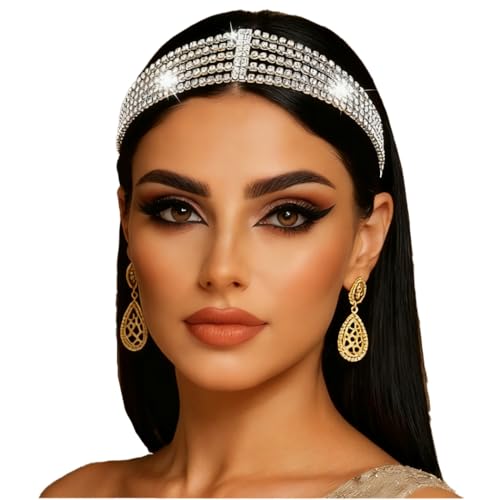 Gold Bridal Head Chain for Women Crystal Headpiece Elastic Layered Wedding Flapper Forehead Jewelry - color: Silver