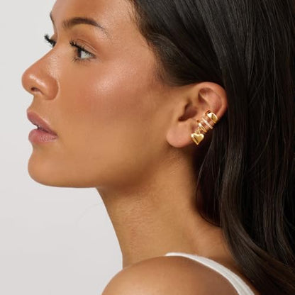 14K Gold Plated Layered Chunky Ear Cuff for Women Thick Ear Clips | Ear Cuff Earrings for Women,Hammered Texture design，Lightweight Hypoallergenic Ear Clips，trendy Jewelry for Daily Party Prom - color: gold 4