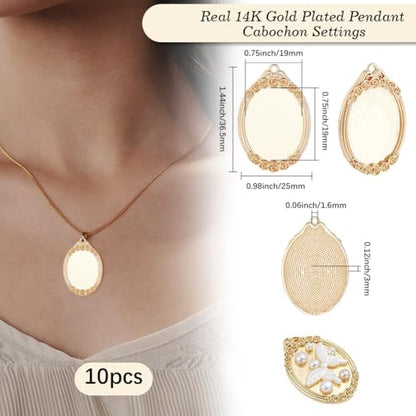 Beebeecraft 1Box 4Pcs Pendant Cabochon Settings 14K Gold Plated Brass 25 x 36.5 x 3mm Oval Pendant Blank Bezel for DIY Jewelry Making - color: #2 Tray 19x25.5mm