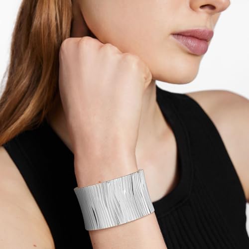 HZMAN Chunky Gold Cuff Bracelets for Women Thick Wide Bangle Bracelet Hammered Open Hinge Wrist Cuff Bracelet Jewelry Gift - color: 07.Striped 8In Silver