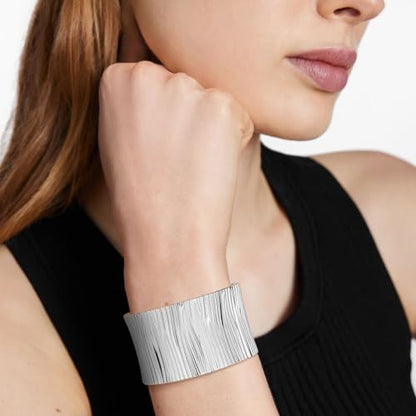 HZMAN Chunky Gold Cuff Bracelets for Women Thick Wide Bangle Bracelet Hammered Open Hinge Wrist Cuff Bracelet Jewelry Gift - color: 07.Striped 8In Silver
