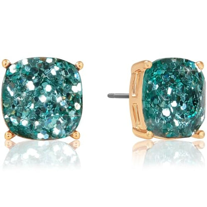 Large Square Stud Earrings for Women - Big Sparkly Rhinestone Studs | Plated in Gold Tone or Silver Tone, Hypoallergenic and Safe for Sensitive Ears - color: Aqua Glitter