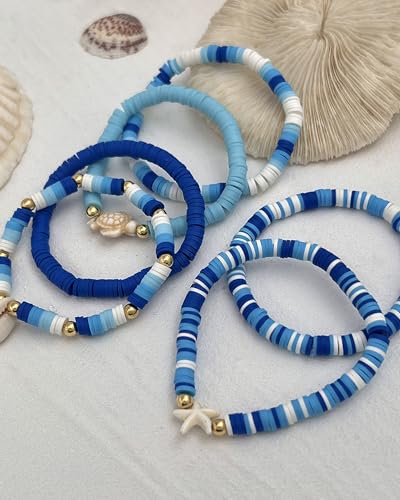 Shell Bracelets for Women Layered Seashell Starfish Bracelets Stackable Stretch Boho Beaded Bracelet Summer Beach Surfer Bracelet Seaside Beach Dress Outfits Accessories - color: B3:blue shell bracelets