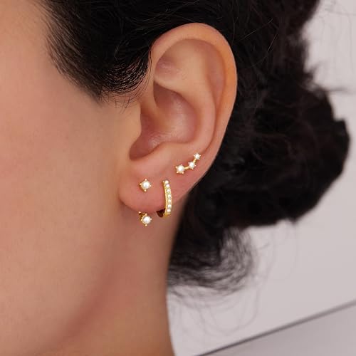 3 Pairs Dainty Small Earrings Set for Women Trendy, Birthstone Stud Huggie Hoop Jacket Stack for Cartilage Helix, Gold Plated Hypoallergenic Cute Women Fashion Accessories Western Jewelry Gifts - color: Created Pearl-Gold
